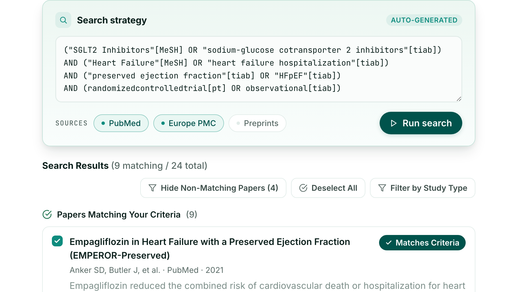 Roadrunner AI — Gather step: search results grounded across the literature databases.